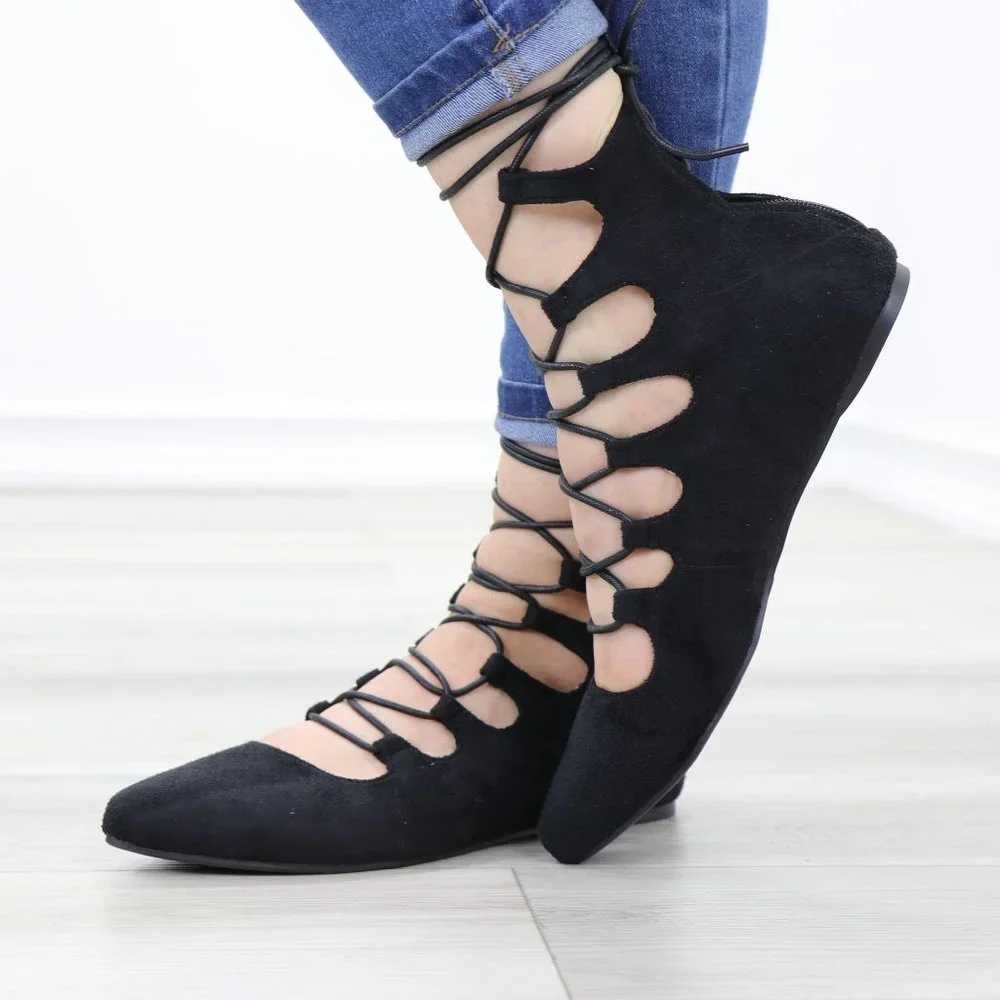 Pointed Toe Faux Suede Strappy Slip-On Flats - Picture 7 of 11
